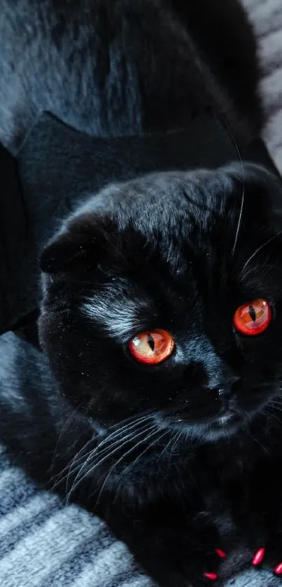 Black cat with bat wings and red eyes on a soft gray blanket.