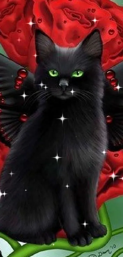 Black cat with butterfly wings on red rose background.