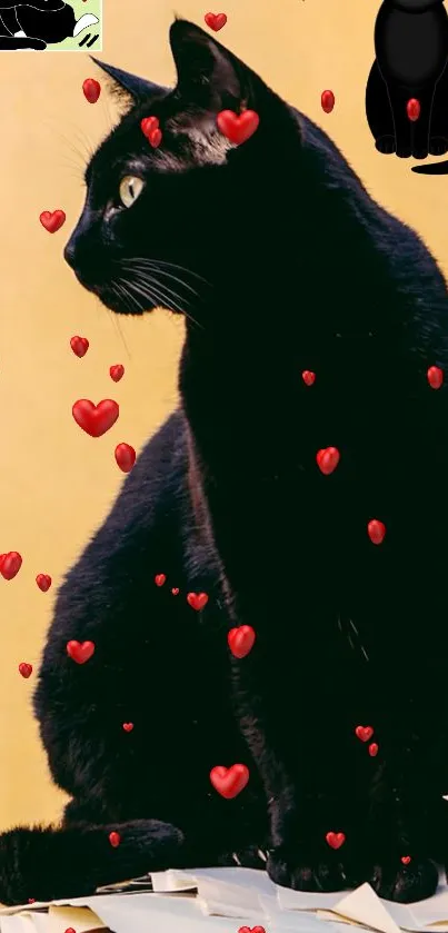 Black cat with red hearts on yellow background wallpaper.