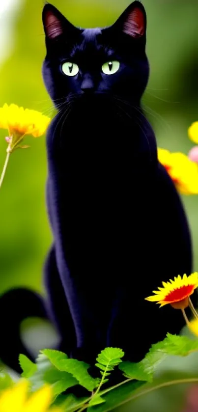 Black cat with green eyes amidst colorful flowers.