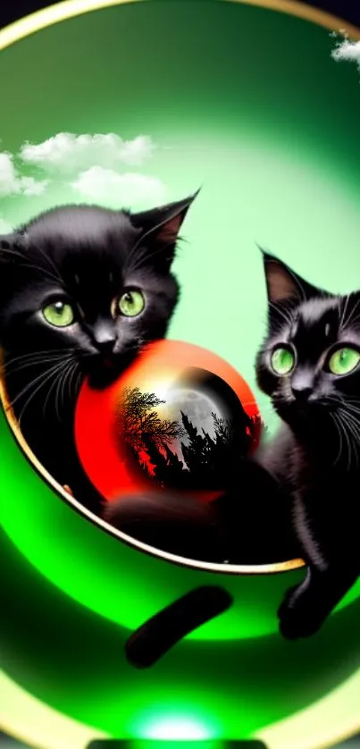 Two black cats with green eyes in a fantasy setting.