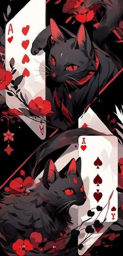 Artistic wallpaper with black cats and playing cards design.