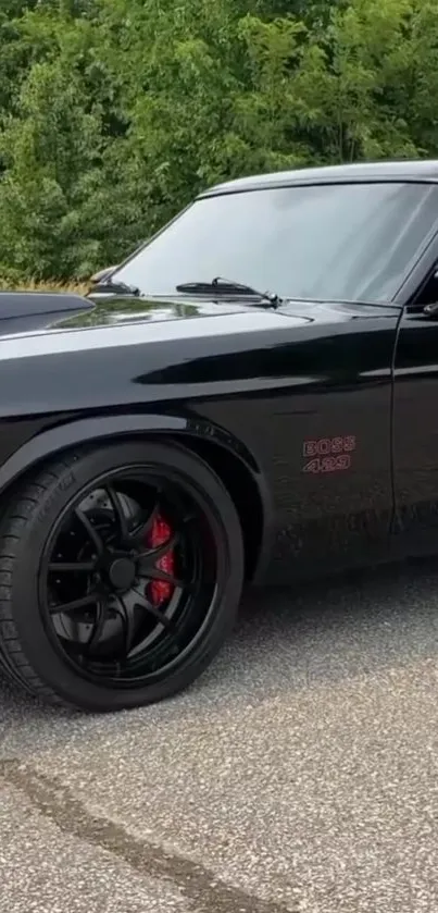 Black muscle car with red accents against a green background.