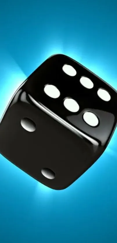 Black dice with a vibrant blue glowing background for mobile wallpaper.