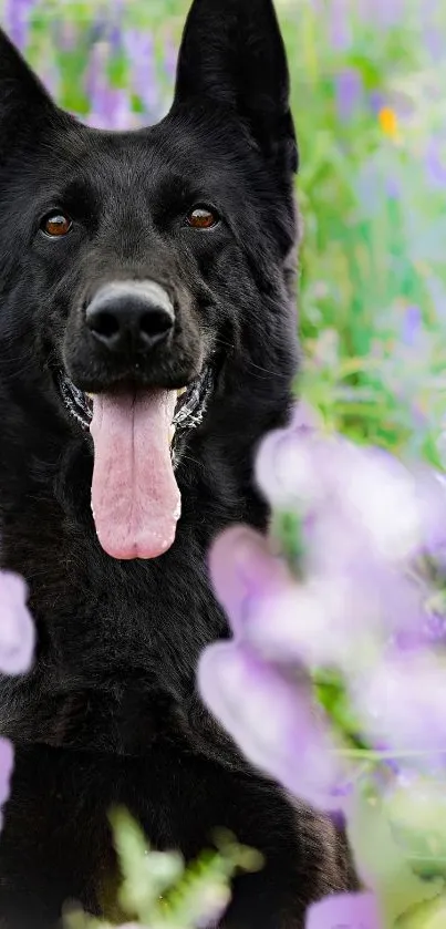 Black dog in a field of vibrant purple flowers, smiling at the camera.