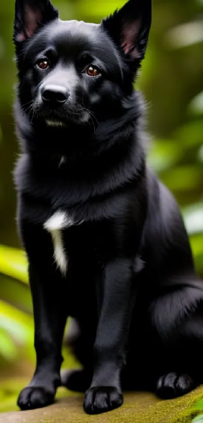 Black dog sitting on mossy rock in green forest.