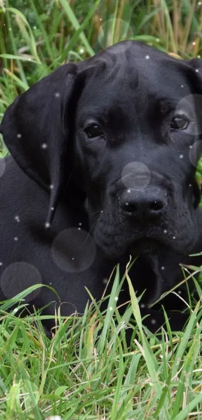 A black dog resting on lush green grass, surrounded by nature.