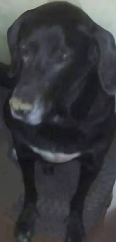 Charming black dog sitting on a mat, looking at the camera.