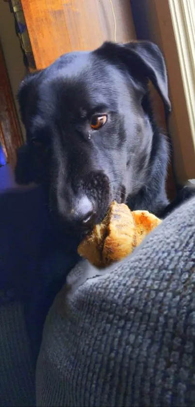 Black dog on couch with chew toy, in natural light.