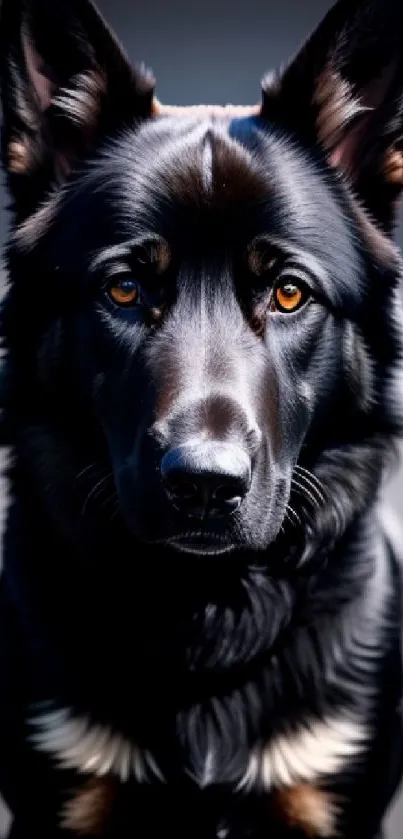 Mobile wallpaper featuring a black dog with striking amber eyes.