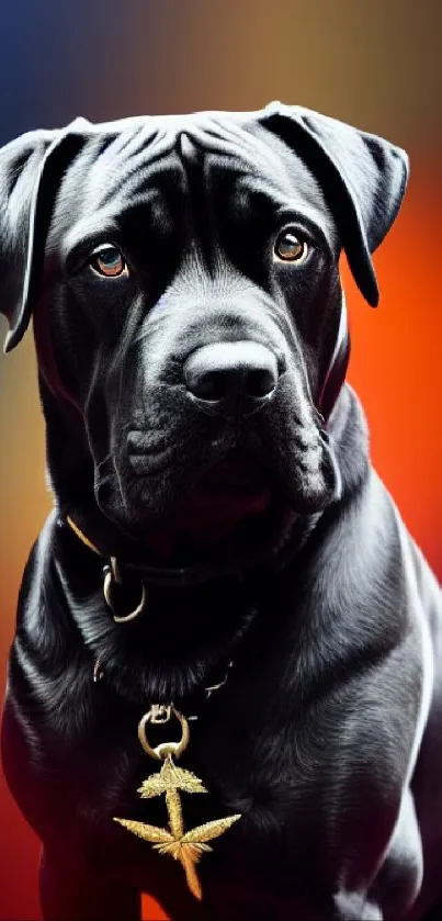 Black dog with a gold necklace on a red-orange gradient background.