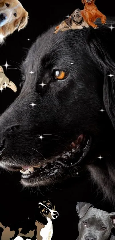 Artistic wallpaper of a black dog surrounded by puppies on a dark background.