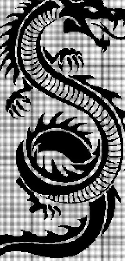 Black dragon design on a pixelated grey background.