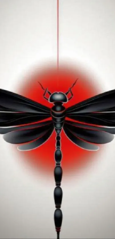 Black dragonfly on a red gradient mobile wallpaper.