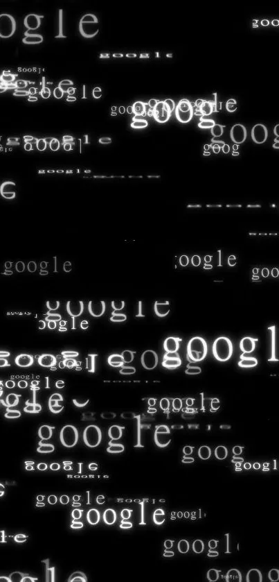 Black wallpaper with white Google text logos scattered throughout.