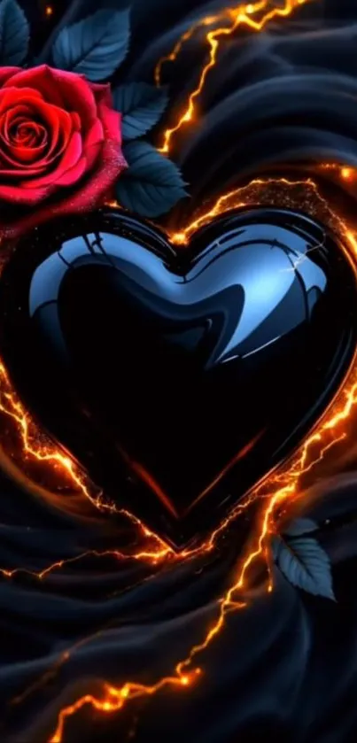 Glossy black heart with a red rose and electric patterns.
