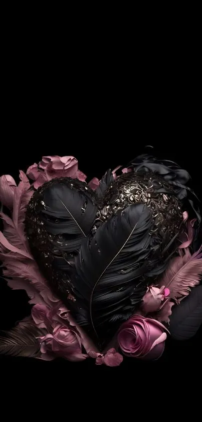 Black heart surrounded by pink roses and feathers.