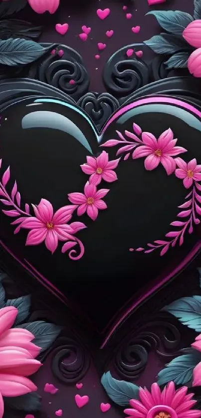 Black heart with pink flowers on a floral background wallpaper.