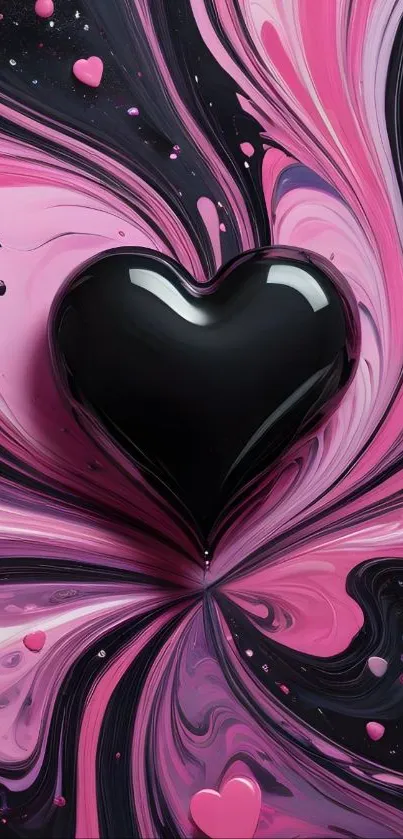 Black heart on pink swirling background wallpaper.