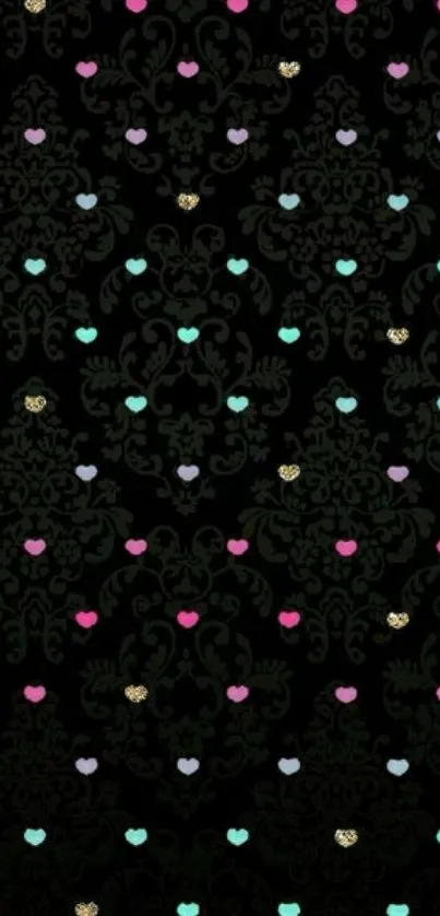 Black wallpaper with colorful heart motifs.