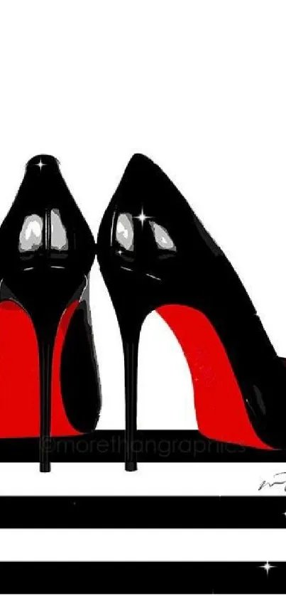 Black heels with red soles and stripes background.