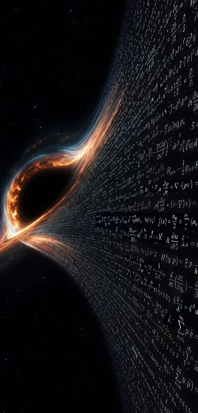 Black hole with glowing edges and mathematical equations on a dark background.