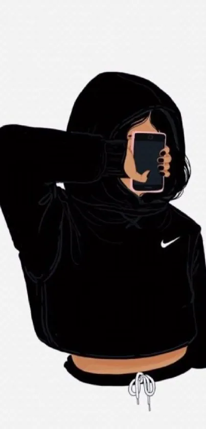 Minimalist art of a person in a black hoodie on a mobile wallpaper.