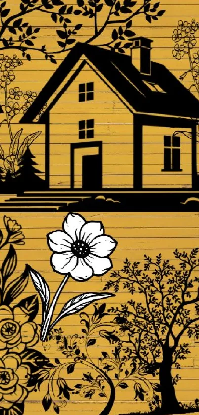 Artistic black house on yellow wallpaper with flowers and trees.