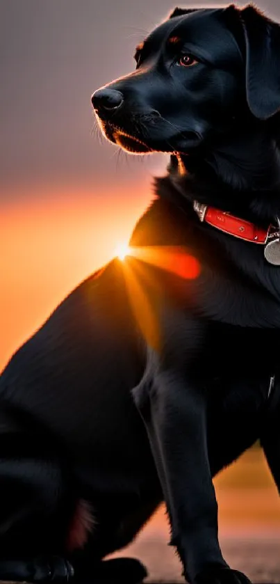 Black Labrador sitting at sunset with a vibrant sky.