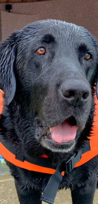 Black Labrador wearing an orange life vest.