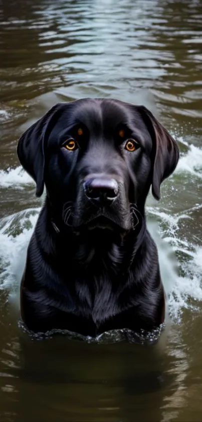 Black Labrador emerging from water with a calm, serene background.