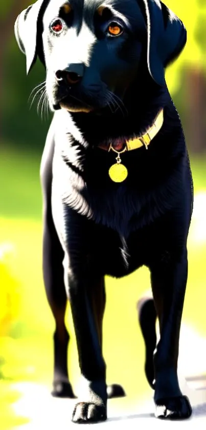 Black Labrador in a sunlit outdoor setting with vibrant colors.