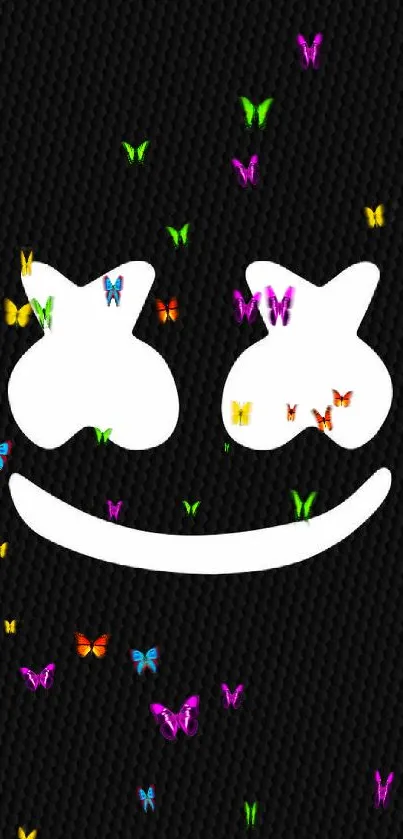 Black wallpaper with white cross-eyed smiley face.