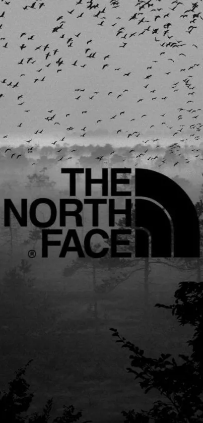 Black and white North Face wallpaper with birds flying over a misty forest.