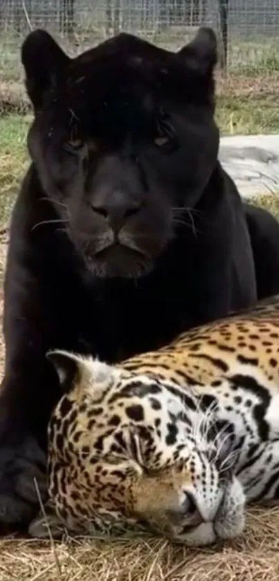 Black panther and leopard resting together in a tranquil natural setting.