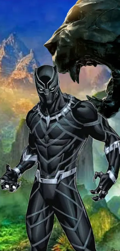 Black Panther standing in lush, vibrant jungle scene.