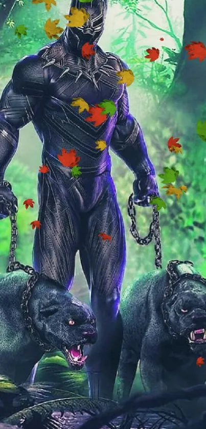 Black Panther with panthers in a vibrant jungle scene.