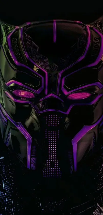 Black Panther mask in neon purple design on dark background.