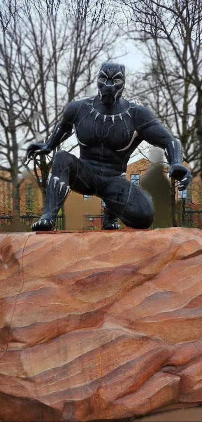 Black Panther statue atop a brown rock with urban background.