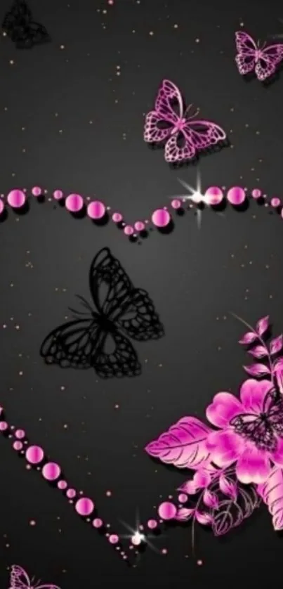 Black and pink heart with butterflies wallpaper.