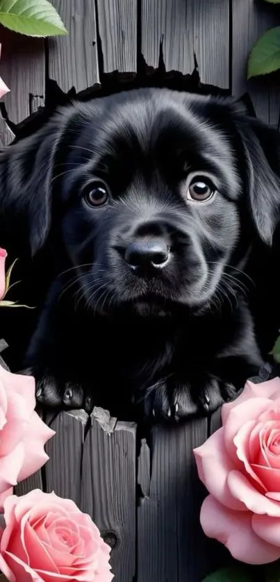 Black puppy peeking through wood surrounded by pink roses.