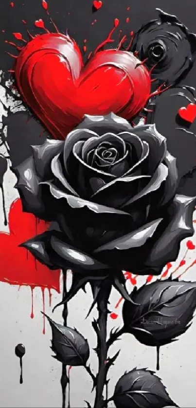 Black rose and red heart artistic phone wallpaper.