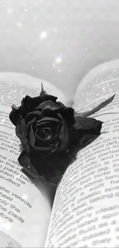 Black rose resting on an open book in monochrome design.