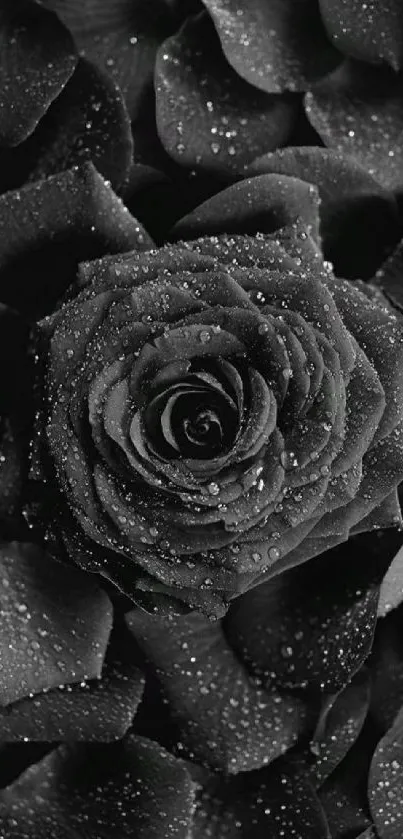 Elegant black rose with dewdrops on petals in monochrome wallpaper.