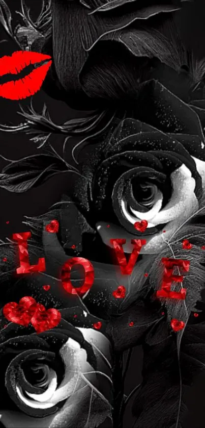 Romantic black rose wallpaper with red love accents.