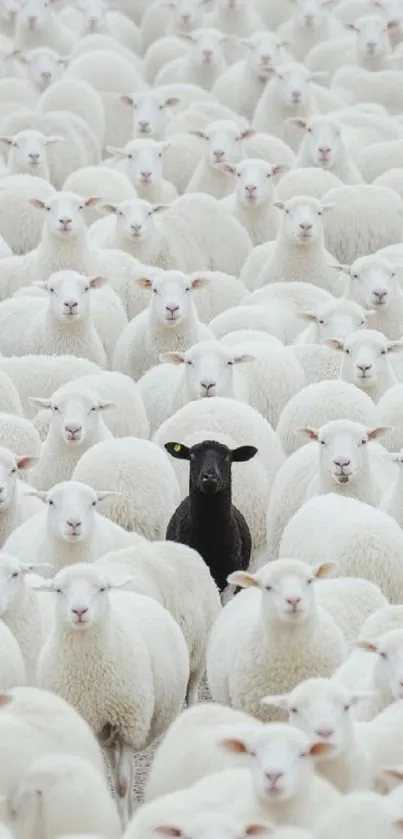 A black sheep stands in contrast among white sheep.