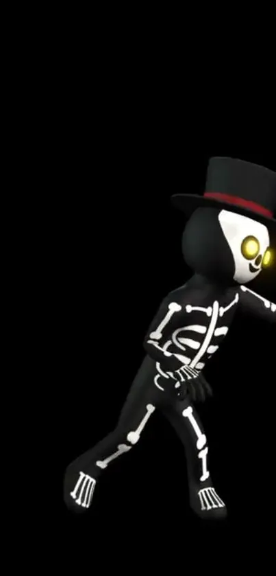 Black skeleton with a top hat on a dark background for mobile wallpaper.