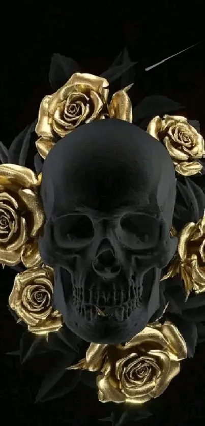 Black skull with golden roses on black background wallpaper