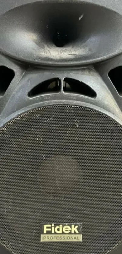 Black speaker close-up with Fidek logo.