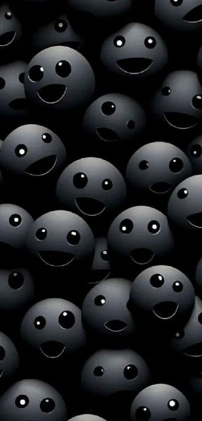 Dark wallpaper with black smiley spheres in pattern.